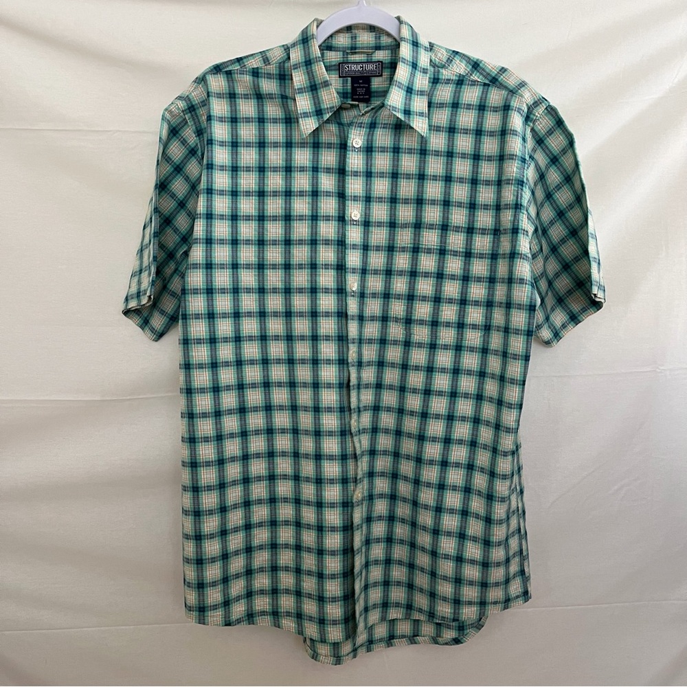 Structure Short Sleeve Button Up Green Plaid Shir… - image 1